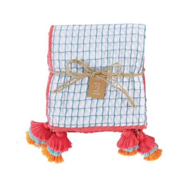Hand Towel Set of 2 | Waffle + Tassles | Blue + Pink - Picture 2 of 2